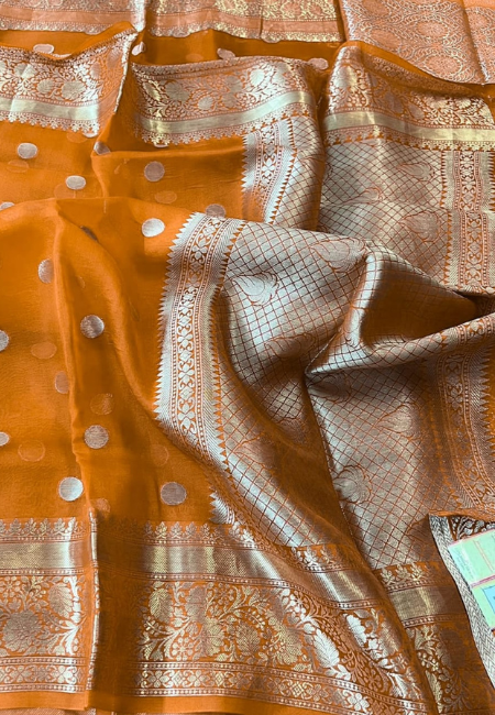 Burnt Orange Banarasi Soft Organza Silk Woven Dyeable Saree with Zari Borde