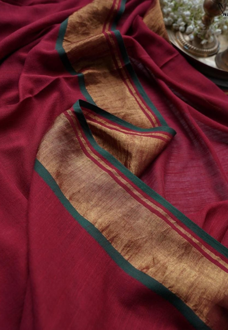 Rani Pink Pure Mul Cotton Saree with Copper-Golden Zari Border & Green Tassels