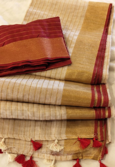 Cream Pure Linen Saree with Red And Golden Border