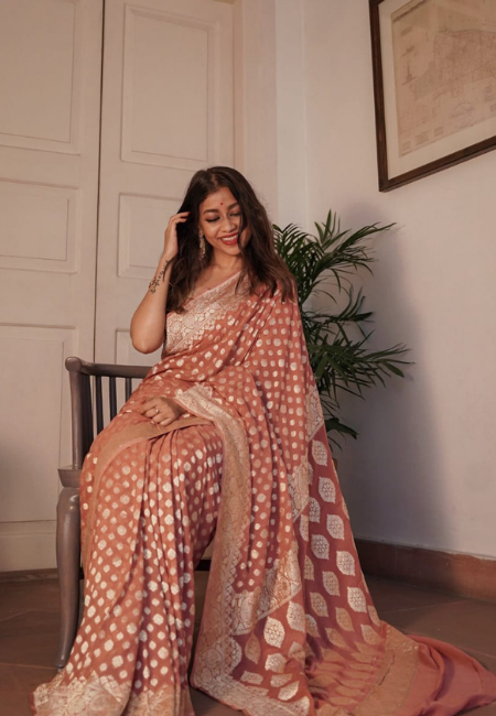 Peach Cotton Silk Saree with Golden Weaving