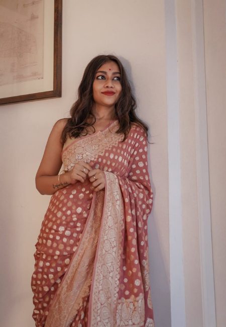 Peach Cotton Silk Saree with Golden Weaving