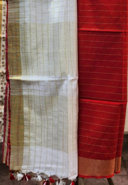 Cream Pure Linen Saree with Red And Golden Border