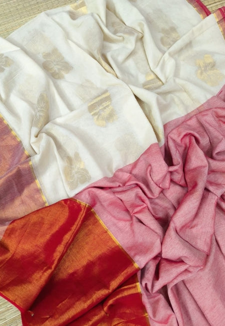 Elegant Cream Off-White Handloom Mul Cotton Saree with Hibiscus Butta & Zari Weaving