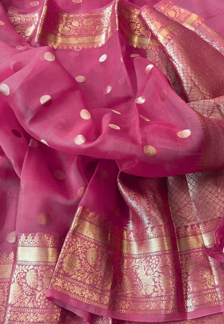 Rani Pink Banarasi Soft Organza Silk Woven Dyeable Saree with Zari Border
