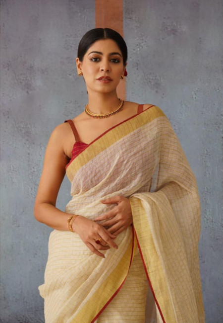 Cream Pure Linen Saree with Red And Golden Border