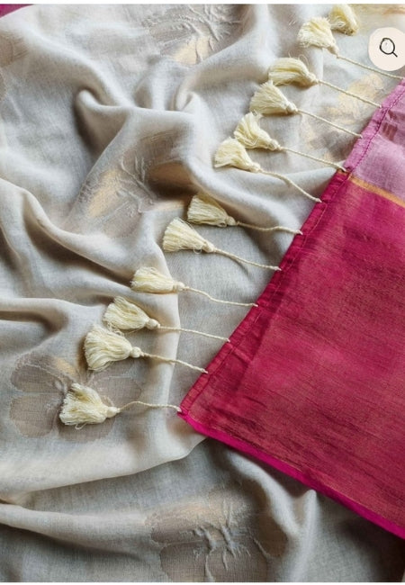 Elegant Cream Off-White Handloom Mul Cotton Saree with Hibiscus Butta & Zari Weaving