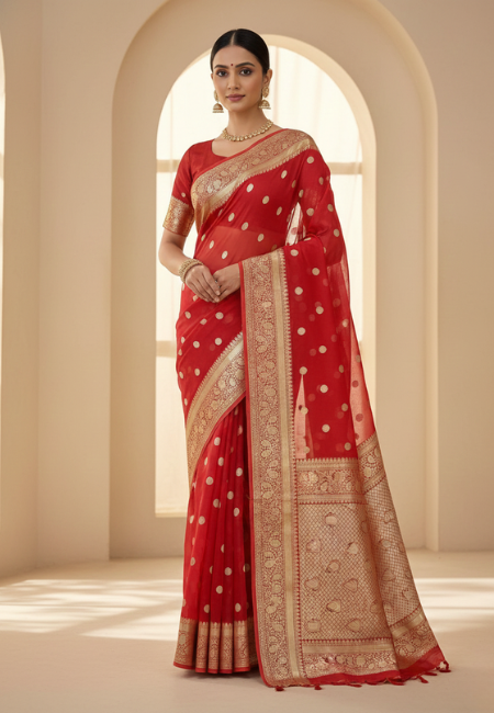 Cherry Red Banarasi Soft Organza Silk Woven Dyeable Saree with Zari Border