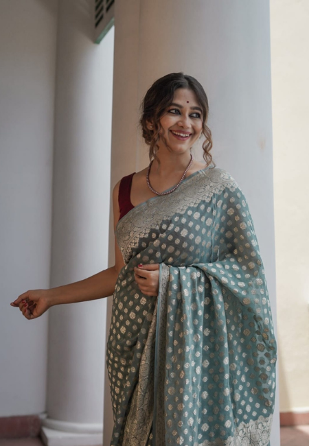 Blue-Green Cotton Silk Saree with Silver Weaving