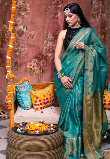 Teal Pure Tissue Linen Saree with Golden Temple Border