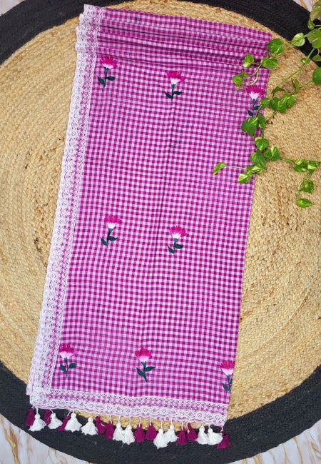 Magenta Pure Cotton Embroidered Saree with Lace Border & Tassel Pallu