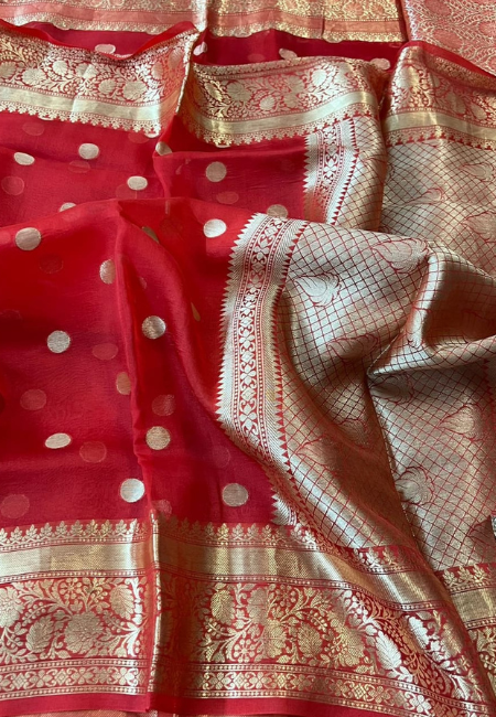 Cherry Red Banarasi Soft Organza Silk Woven Dyeable Saree with Zari Border