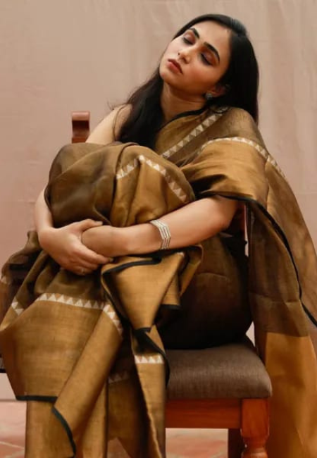 Earthy Bronze Pure Tissue Linen Saree with Contrast Borde