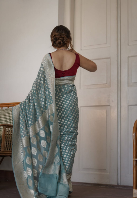Blue-Green Cotton Silk Saree with Silver Weaving