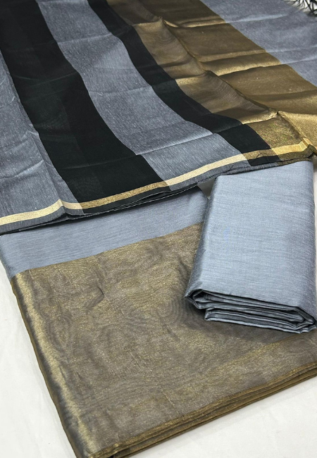 Unstitched Maheshwari Cotton Silk Suit with Stripe Dupatta – Silver Sage Green & Black Elegance