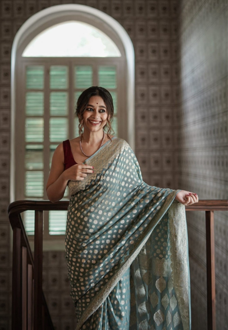 Blue-Green Cotton Silk Saree with Silver Weaving