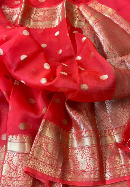 Bright Red Banarasi Soft Organza Silk Woven Dyeable Saree with Zari Border