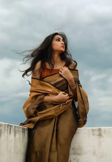 Earthy Bronze Pure Tissue Linen Saree with Contrast Borde