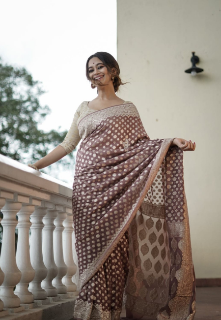 Brown Cotton Silk Saree with Golden Weaving