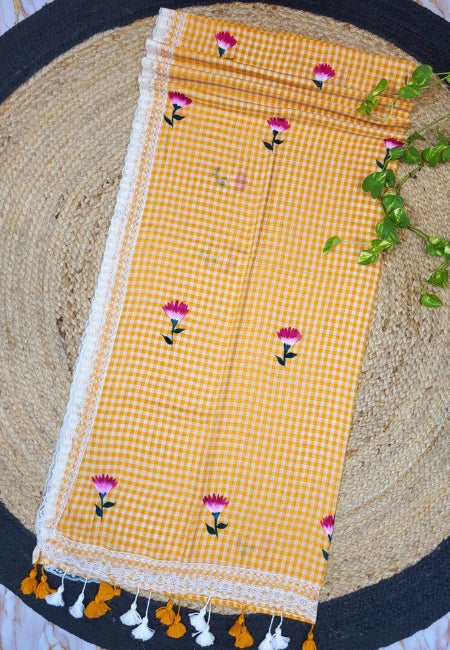 Mustard Yellow Pure Cotton Embroidered Saree with Lace Border & Tassel Pallu