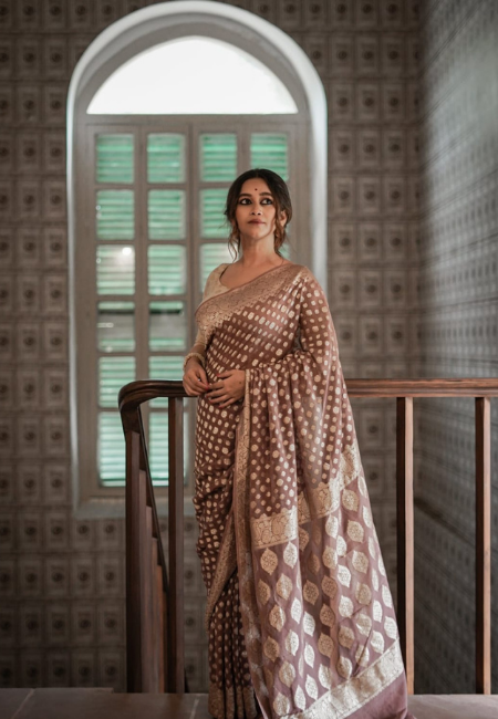 Brown Cotton Silk Saree with Golden Weaving