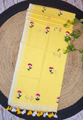 Yellow Pure Cotton Embroidered Saree with Lace Border & Tassel Pallu
