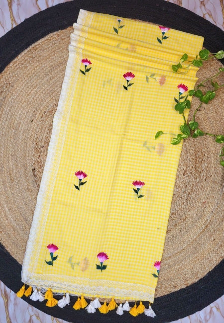 Yellow Pure Cotton Embroidered Saree with Lace Border & Tassel Pallu