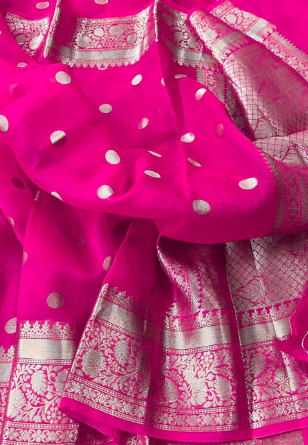 Hot Pink Banarasi Soft Organza Silk Woven Dyeable Saree with Zari Border