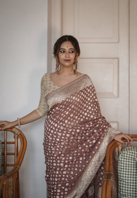 Brown Cotton Silk Saree with Golden Weaving