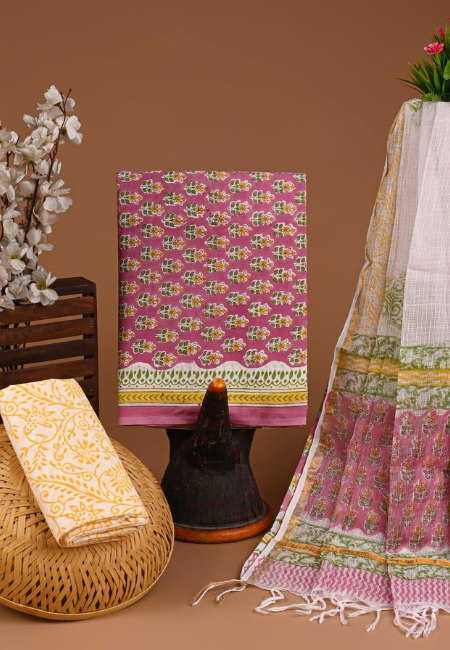 Unstitched Cotton Suits With Kota Doria Dupatta Mauve Rose