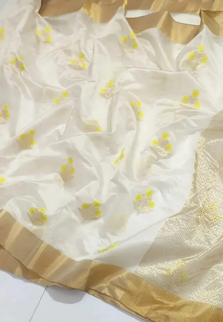 Off-White Chanderi Pattu Silk Saree with Yellow Self-Design and Metallic Zari Border