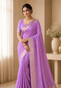 Lavender Chiffon Party Wear Saree with Gold Jacquard Border & Delicate Bead Work