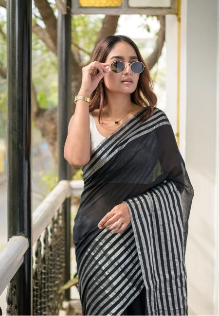 Elegant Black Pure Mulmul Cotton Saree with Striped Design