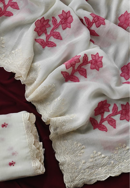 White Silk Saree with Pink Flower Design