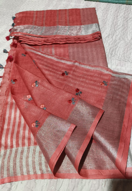 Blush Pink Pure Linen Saree with Tassel Detailing