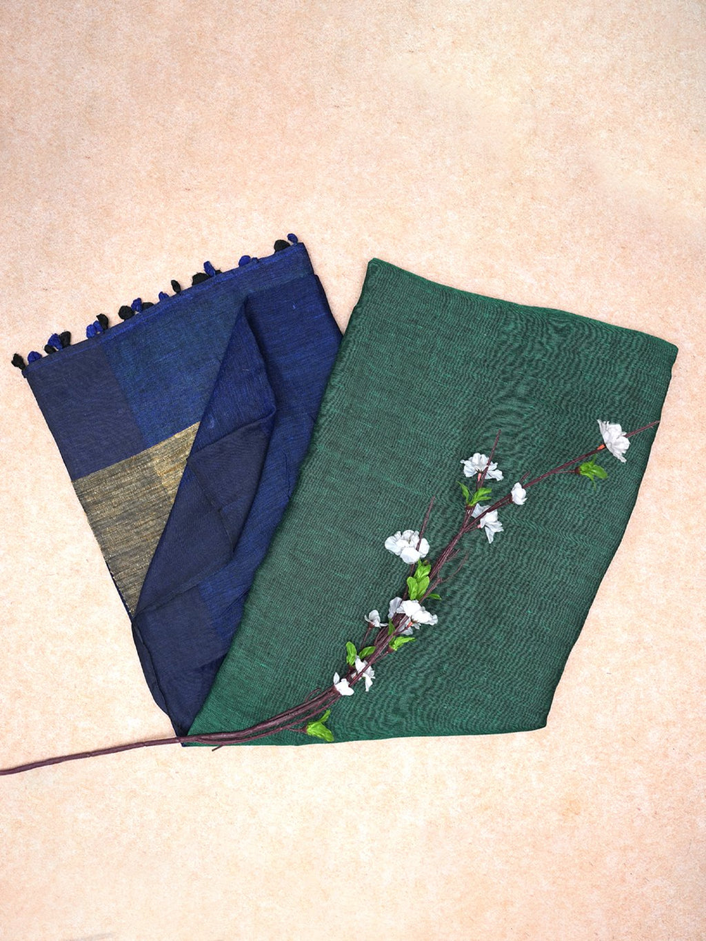 Azure Blossom Pure Linen Saree in Blue & Green