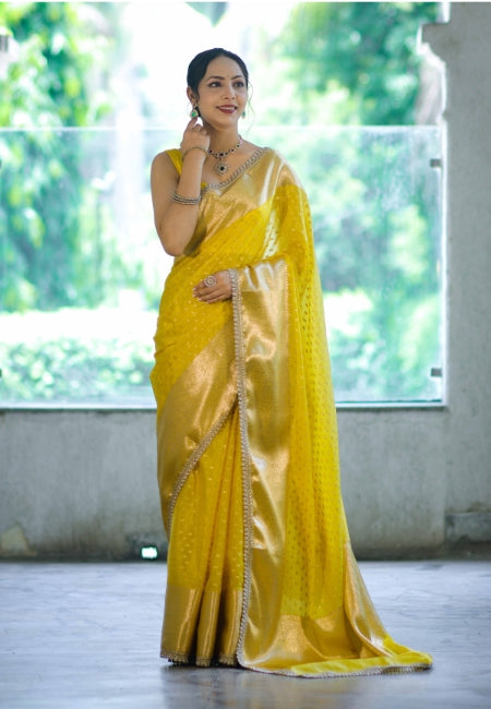 Yellow Warm Silk Woven Dot Booti Saree with Pearl Lace Border