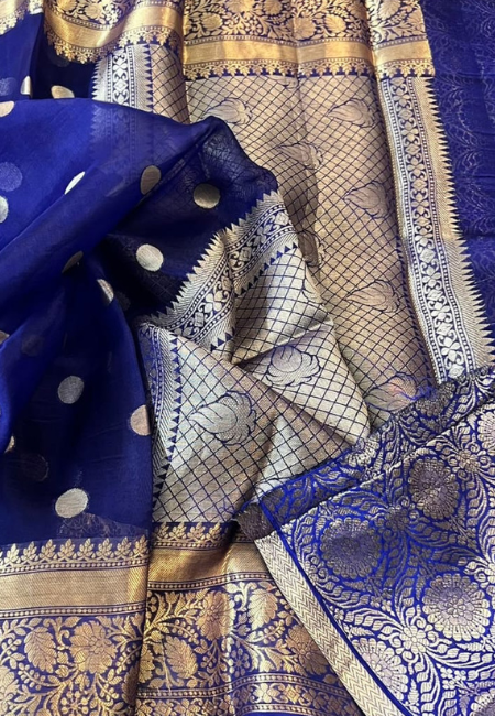Royal Blue Banarasi Soft Organza Silk Woven Dyeable Saree with Zari Border