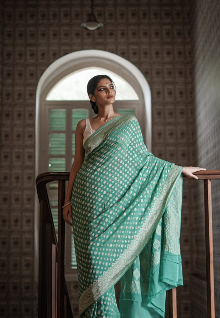 Sea Green Cotton Silk Saree with Golden Weaving
