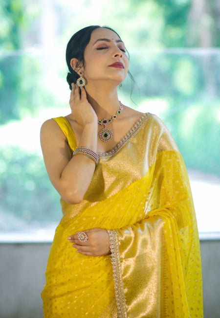 Yellow Warm Silk Woven Dot Booti Saree with Pearl Lace Border