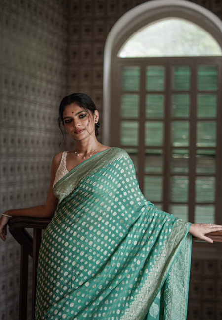 Sea Green Cotton Silk Saree with Golden Weaving