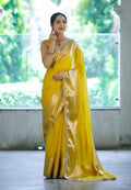Yellow Warm Silk Woven Dot Booti Saree with Pearl Lace Border