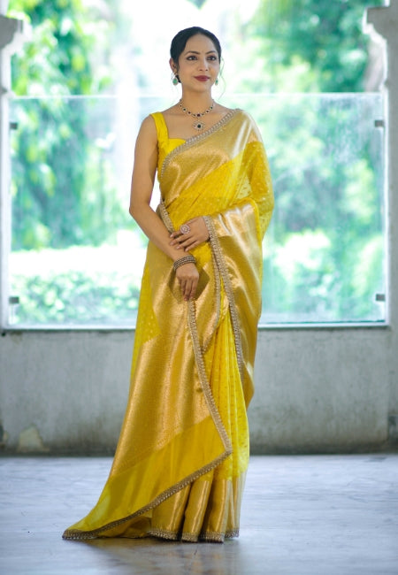 Yellow Warm Silk Woven Dot Booti Saree with Pearl Lace Border