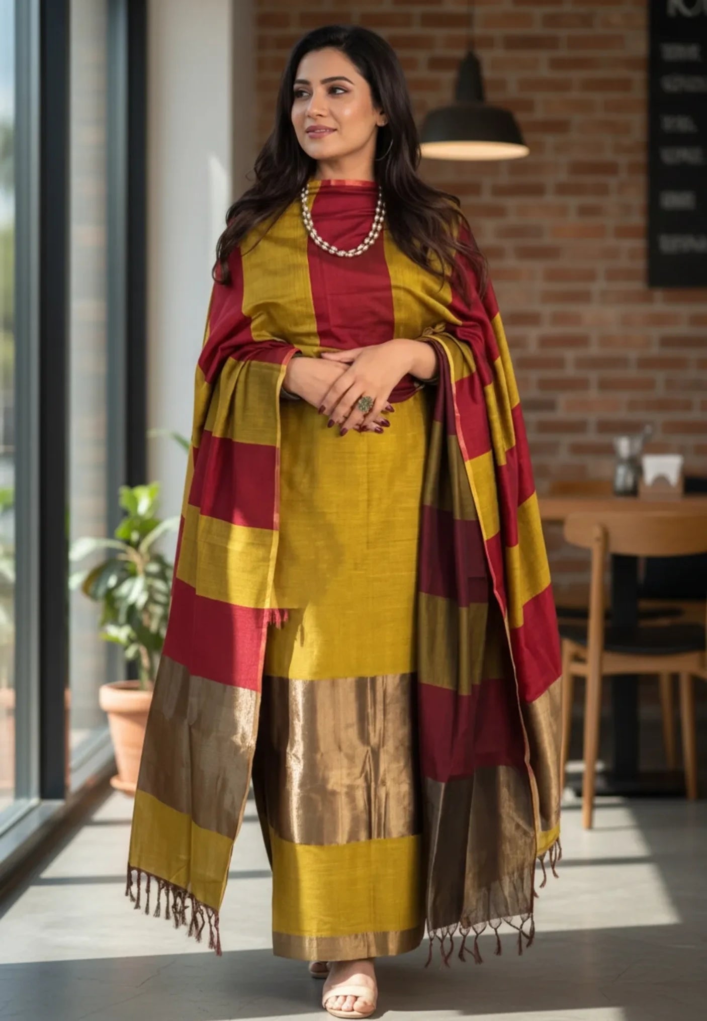Unstitched Maheshwari Cotton Silk Suit with Resham Stripe Dupatta – Mustard Yellow & Maroon Elegance
