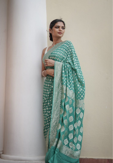 Sea Green Cotton Silk Saree with Golden Weaving
