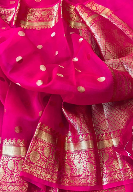 Magenta Pink Banarasi Soft Organza Silk Woven Dyeable Saree with Zari Border