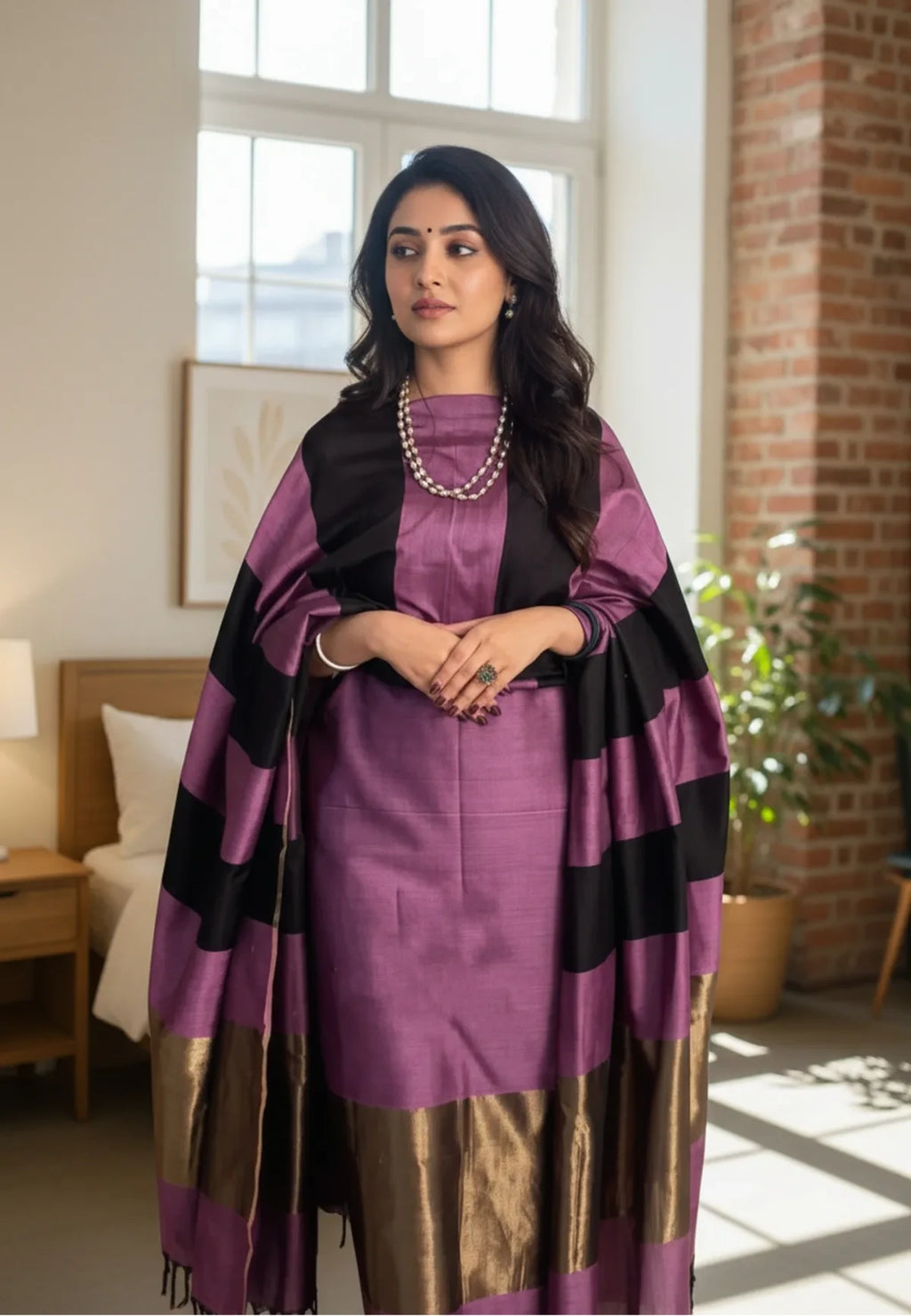 Unstitched Maheshwari Cotton Silk Suit with Resham Stripe Dupatta – Royal Purple & Black Elegance