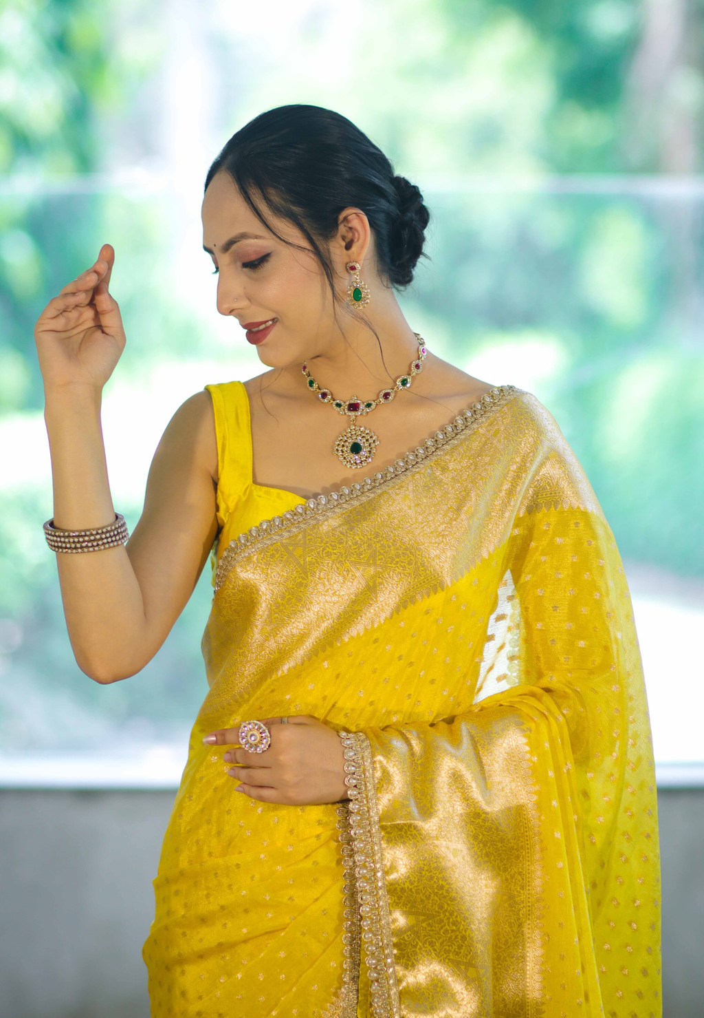 Yellow Warm Semi Katan Silk Woven Dot Booti Saree with Pearl Lace Border