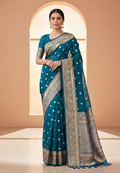 Teal Green Banarasi Soft Organza Silk Woven Dyeable Saree with Zari Border