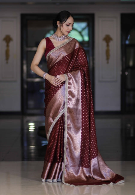 Wine Warm Silk Woven Dot Booti Saree with Pearl Lace Border