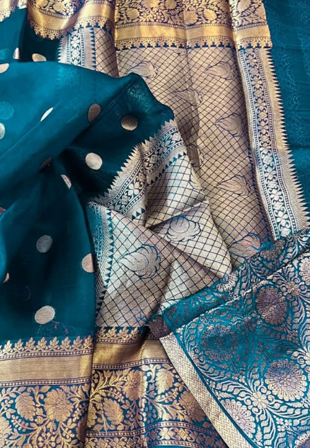 Teal Green Banarasi Soft Organza Silk Woven Dyeable Saree with Zari Border